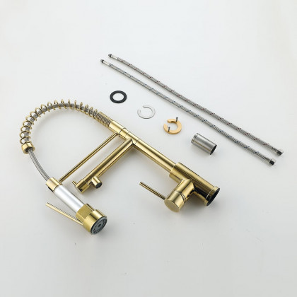 HMR - Brewst Single Hole Double Spout Pull Out Sprayer Kitchen Faucet in Solid Brass