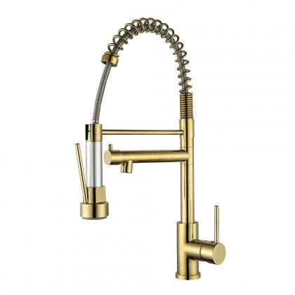 HMR - Brewst Single Hole Double Spout Pull Out Sprayer Kitchen Faucet in Solid Brass