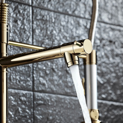 HMR - Brewst Single Hole Double Spout Pull Out Sprayer Kitchen Faucet in Solid Brass