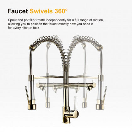 HMR - Brewst Single Hole Double Spout Pull Out Sprayer Kitchen Faucet in Solid Brass