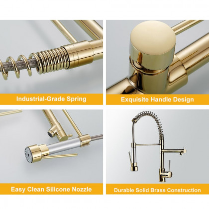 HMR - Brewst Single Hole Double Spout Pull Out Sprayer Kitchen Faucet in Solid Brass