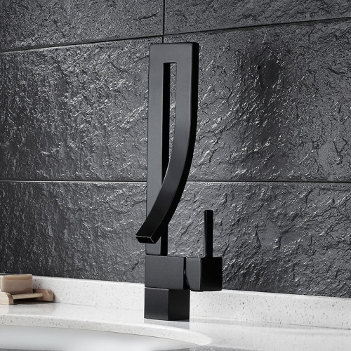 HMR Modern Single Handle 1-Hole Bathroom Sink Faucet with Waterfall Spout Brass - Black