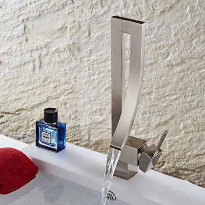 HMR Modern Single Handle 1-Hole Bathroom Sink Faucet with Waterfall Spout Brass - Brushed Nickel