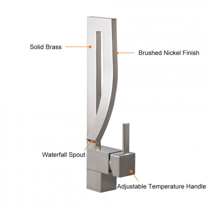 HMR Modern Single Handle 1-Hole Bathroom Sink Faucet with Waterfall Spout Brass - Brushed Nickel