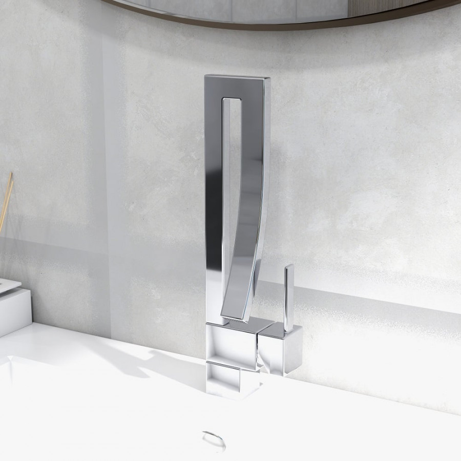 HMR Modern Single Handle 1-Hole Bathroom Sink Faucet with Waterfall Spout Brass - Chrome