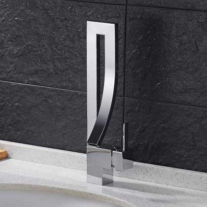 HMR Modern Single Handle 1-Hole Bathroom Sink Faucet with Waterfall Spout Brass - Chrome