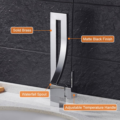 HMR Modern Single Handle 1-Hole Bathroom Sink Faucet with Waterfall Spout Brass - Chrome
