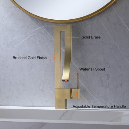 HMR Modern Single Handle 1-Hole Bathroom Sink Faucet with Waterfall Spout Brass - Brushed Gold