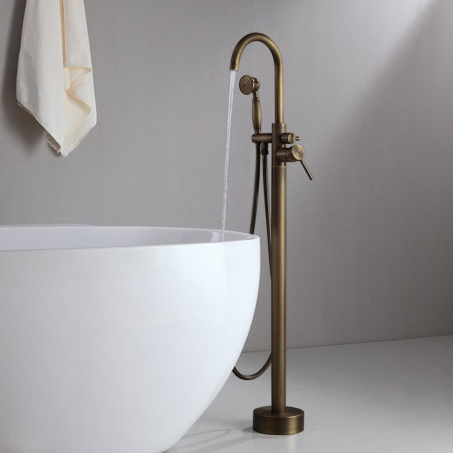 HMR - Swirling Spout Freestanding Tub Faucet with Handshower in Brass
