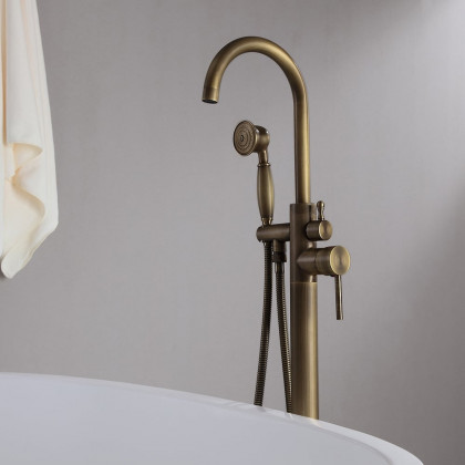 HMR - Swirling Spout Freestanding Tub Faucet with Handshower in Brass