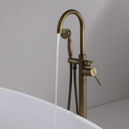 HMR - Swirling Spout Freestanding Tub Faucet with Handshower in Brass