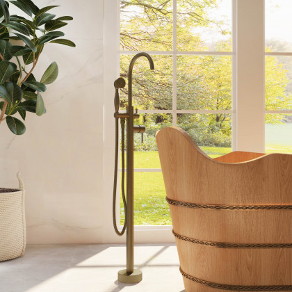 HMR - Swirling Spout Freestanding Tub Faucet with Handshower in Brass