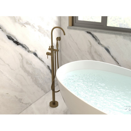 HMR - Swirling Spout Freestanding Tub Faucet with Handshower in Brass