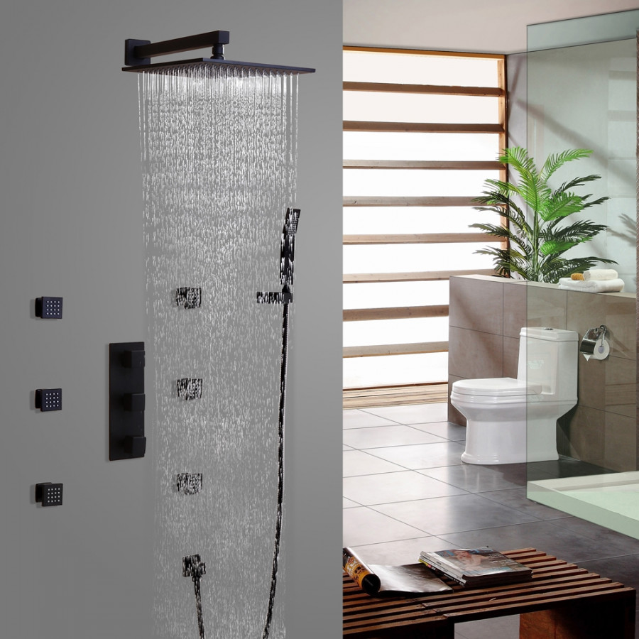 HMR Modern Thermostatic Showerhead & Handheld Shower with Six Body Spray Jets - Black
