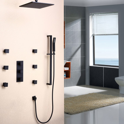 HMR - Ceiling Mount Shower System 12" with 6 Body Sprays and Hand Shower in Standard Shower Valve