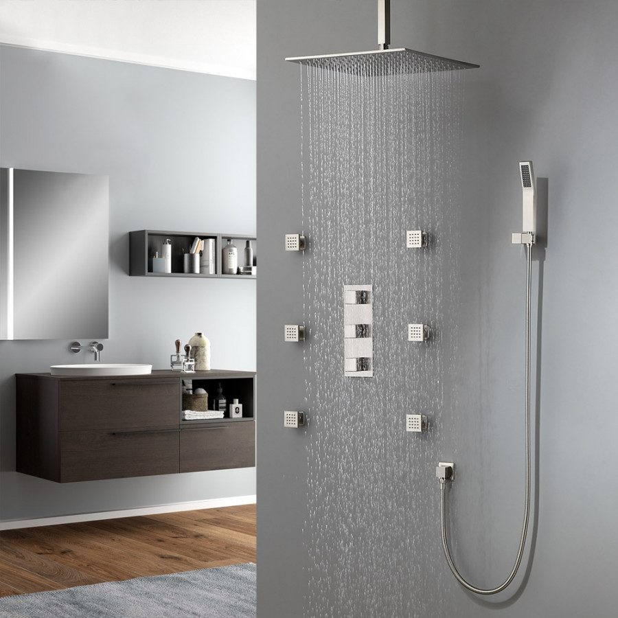 HMR - Square Ceiling-Mount Shower Head with 6 Body Sprays and Wall Mounted Handshower System in without LED