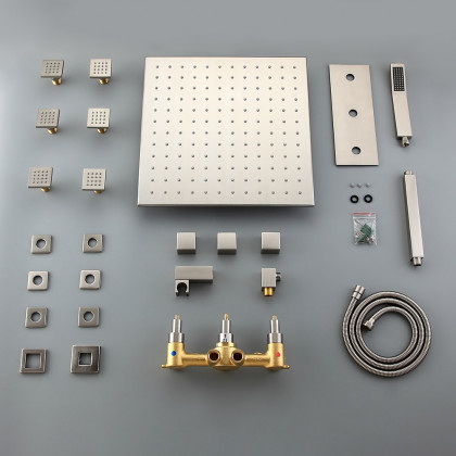 HMR - Square Ceiling-Mount Shower Head with 6 Body Sprays and Wall Mounted Handshower System in without LED