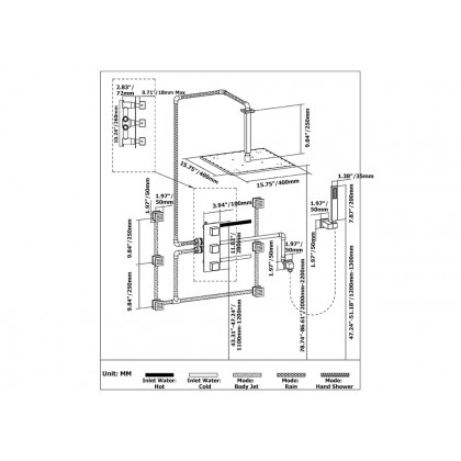 HMR - Square Ceiling-Mount Shower Head with 6 Body Sprays and Wall Mounted Handshower System in without LED