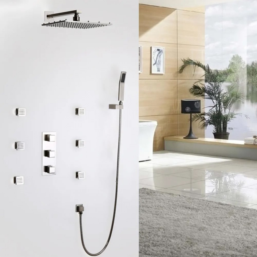 HMR - 16" Square Wall Mount Rain Shower System with Handshower and 6 Body Sprays in Brushed Nickel
