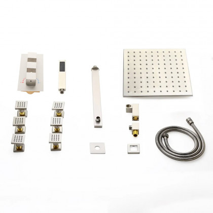 HMR - 16" Square Wall Mount Rain Shower System with Handshower and 6 Body Sprays in Brushed Nickel
