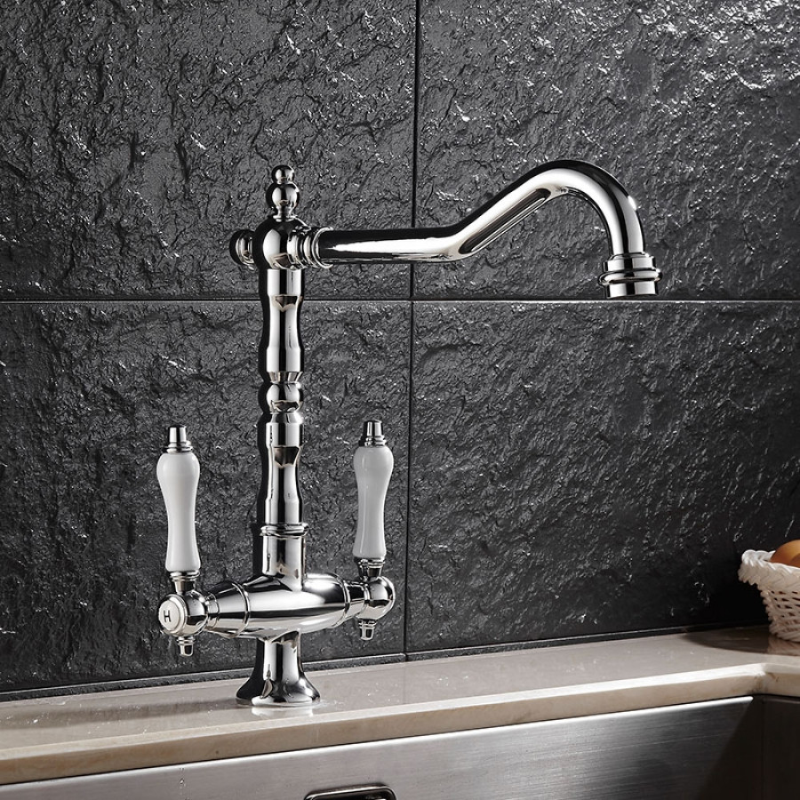 HMR - Porcelain Double Handles Single Hole Brass Kitchen Faucet in Chrome