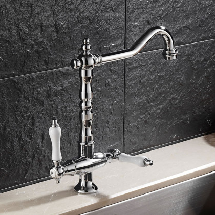 HMR - Porcelain Double Handles Single Hole Brass Kitchen Faucet in Chrome