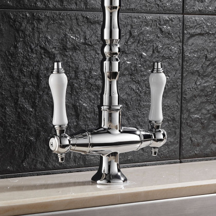 HMR - Porcelain Double Handles Single Hole Brass Kitchen Faucet in Chrome