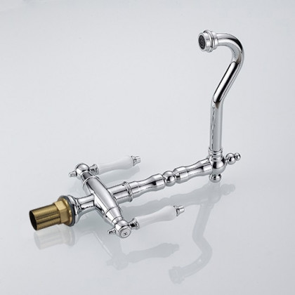 HMR - Porcelain Double Handles Single Hole Brass Kitchen Faucet in Chrome