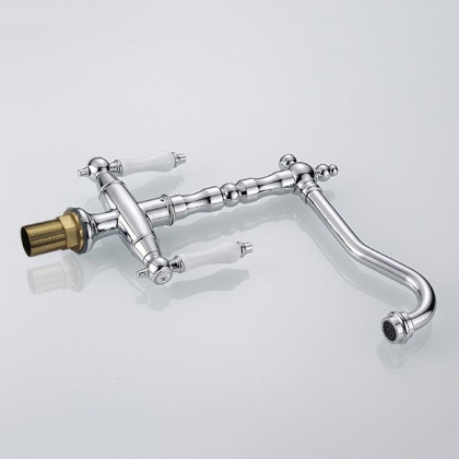 HMR - Porcelain Double Handles Single Hole Brass Kitchen Faucet in Chrome