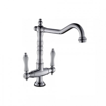 HMR - Porcelain Double Handles Single Hole Brass Kitchen Faucet in Chrome