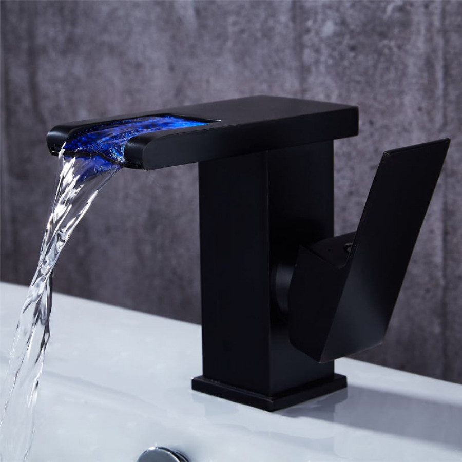 HMR - Waterfall Single Handle Brass Bathroom Sink Faucet with LED in Antique Black