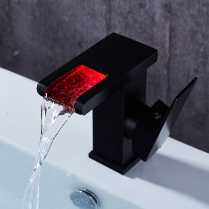 HMR - Waterfall Single Handle Brass Bathroom Sink Faucet with LED in Antique Black