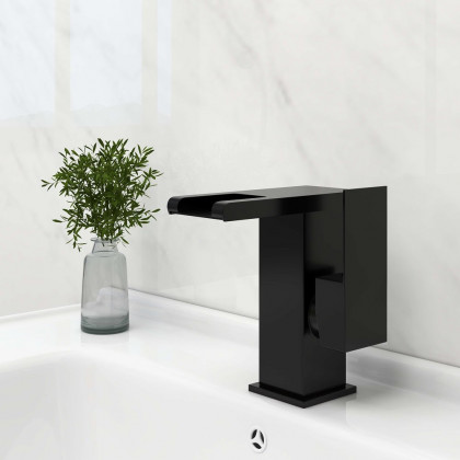 HMR - Waterfall Single Handle Brass Bathroom Sink Faucet with LED in Antique Black