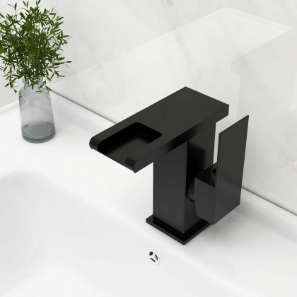HMR - Waterfall Single Handle Brass Bathroom Sink Faucet with LED in Antique Black
