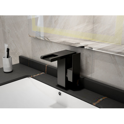 HMR - Waterfall Single Handle Brass Bathroom Sink Faucet with LED in Antique Black