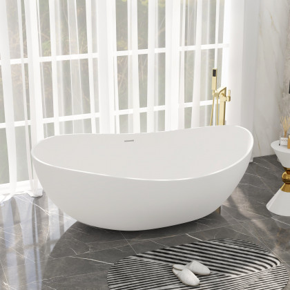 HMR 70" Modern Oval Freestanding Stone Resin Soaking Bathtub - Matte White