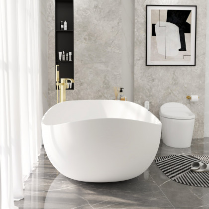 HMR 70" Modern Oval Freestanding Stone Resin Soaking Bathtub - Matte White