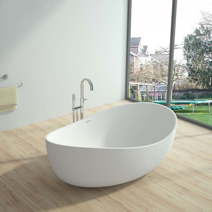 HMR 70" Modern Oval Freestanding Stone Resin Soaking Bathtub - Matte White