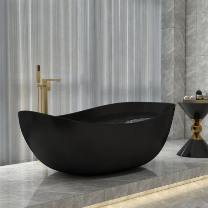 HMR 70" Modern Oval Freestanding Stone Resin Soaking Bathtub - Black