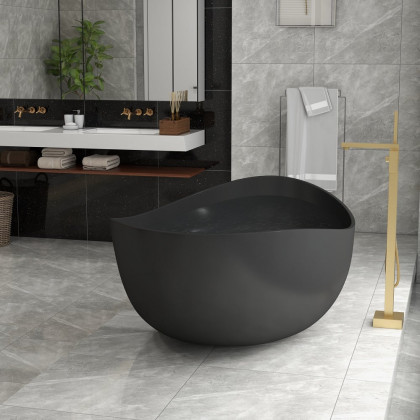 HMR 70" Modern Oval Freestanding Stone Resin Soaking Bathtub - Black