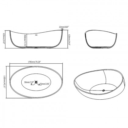 HMR 70" Modern Oval Freestanding Stone Resin Soaking Bathtub - Black