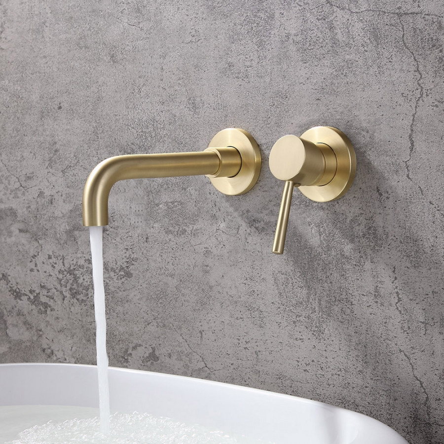 HMR - Wall Mounted Single Lever Bathroom Sink Swivel Faucet in Brushed Brass