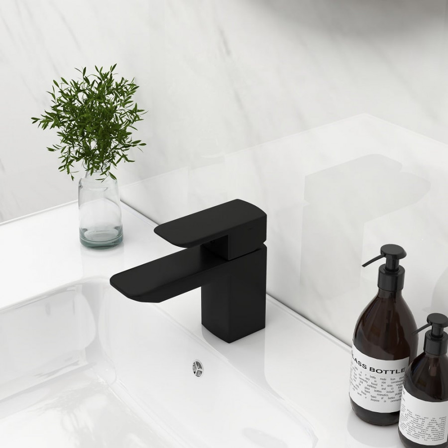 HMR - Minimalist Style Single Hole 1-Handle Waterfall Bathroom Sink Faucet in Matte Black