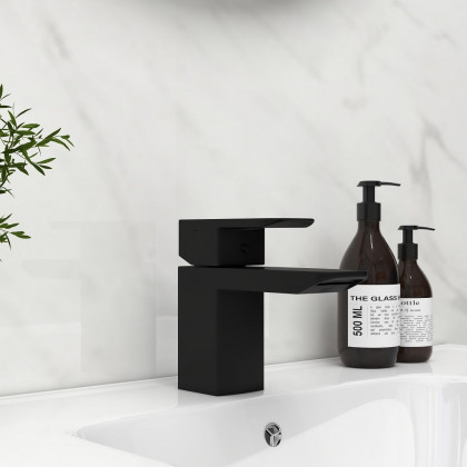HMR - Minimalist Style Single Hole 1-Handle Waterfall Bathroom Sink Faucet in Matte Black
