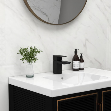 HMR - Minimalist Style Single Hole 1-Handle Waterfall Bathroom Sink Faucet in Matte Black