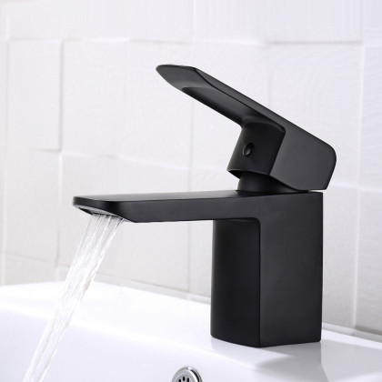 HMR - Minimalist Style Single Hole 1-Handle Waterfall Bathroom Sink Faucet in Matte Black