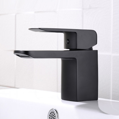 HMR - Minimalist Style Single Hole 1-Handle Waterfall Bathroom Sink Faucet in Matte Black