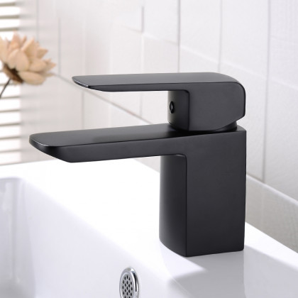 HMR - Minimalist Style Single Hole 1-Handle Waterfall Bathroom Sink Faucet in Matte Black