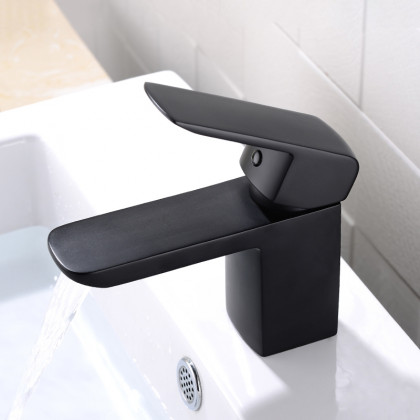 HMR - Minimalist Style Single Hole 1-Handle Waterfall Bathroom Sink Faucet in Matte Black