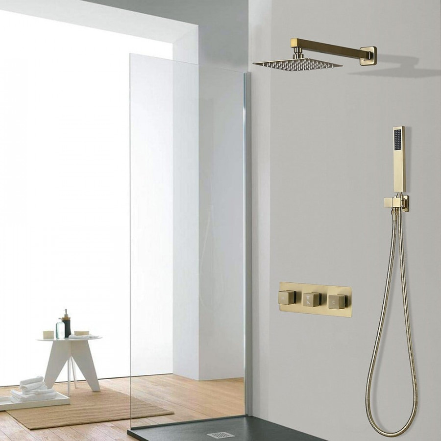 HMR - Wall Mounted 8" Solid Brass Shower System with Hand Shower in Brushed Gold
